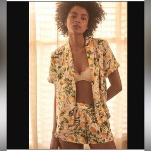 Anthropologie Silky Fruity Spring Lemon Pajama Lounge Short Sleeve Top Size S